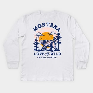 Big Sky Country, Montana. Cool Retro Travel Art With A Grizzly Bear Kids Long Sleeve T-Shirt